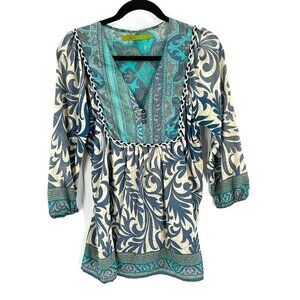 RAPSODIA Teal Blue Beige Floral Paisley Print Lightweight Blouse Size Small